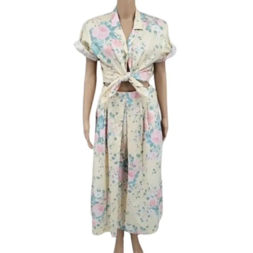 Lorch Vintage Pleated Skirt and Blouse Natch Set Yellow Floral Cottagecore